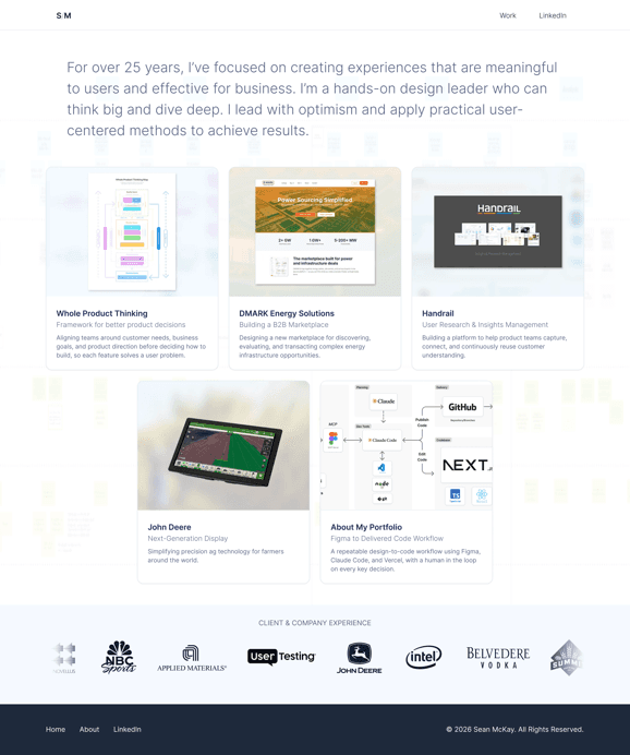 Screenshot of this portfolio's home page with its work tiles and client logos